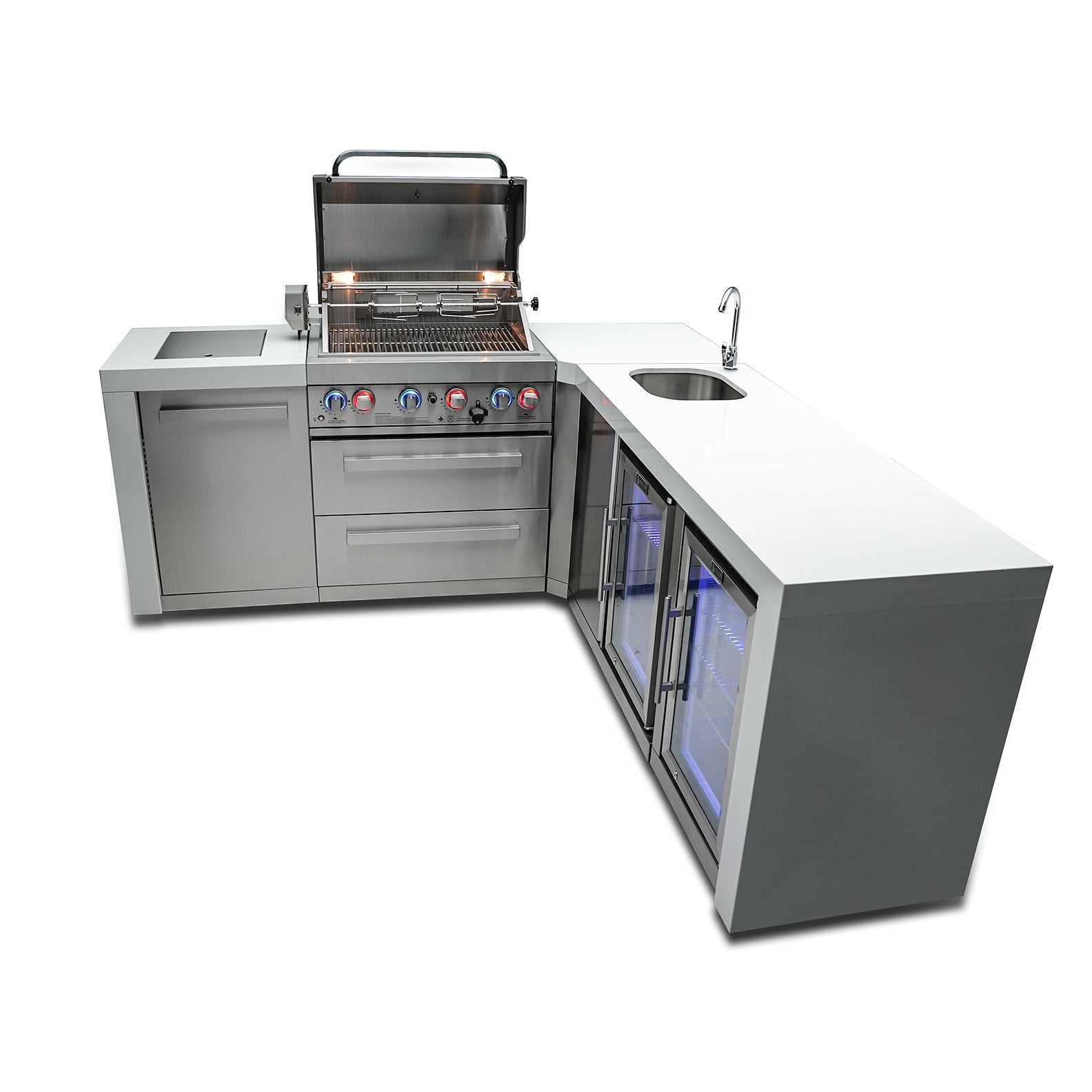 Mont Alpi 400 Deluxe BBQ Grill Island with 90 Degree Corner Beverage Center & Fridge - MAi400-DBEV90FC