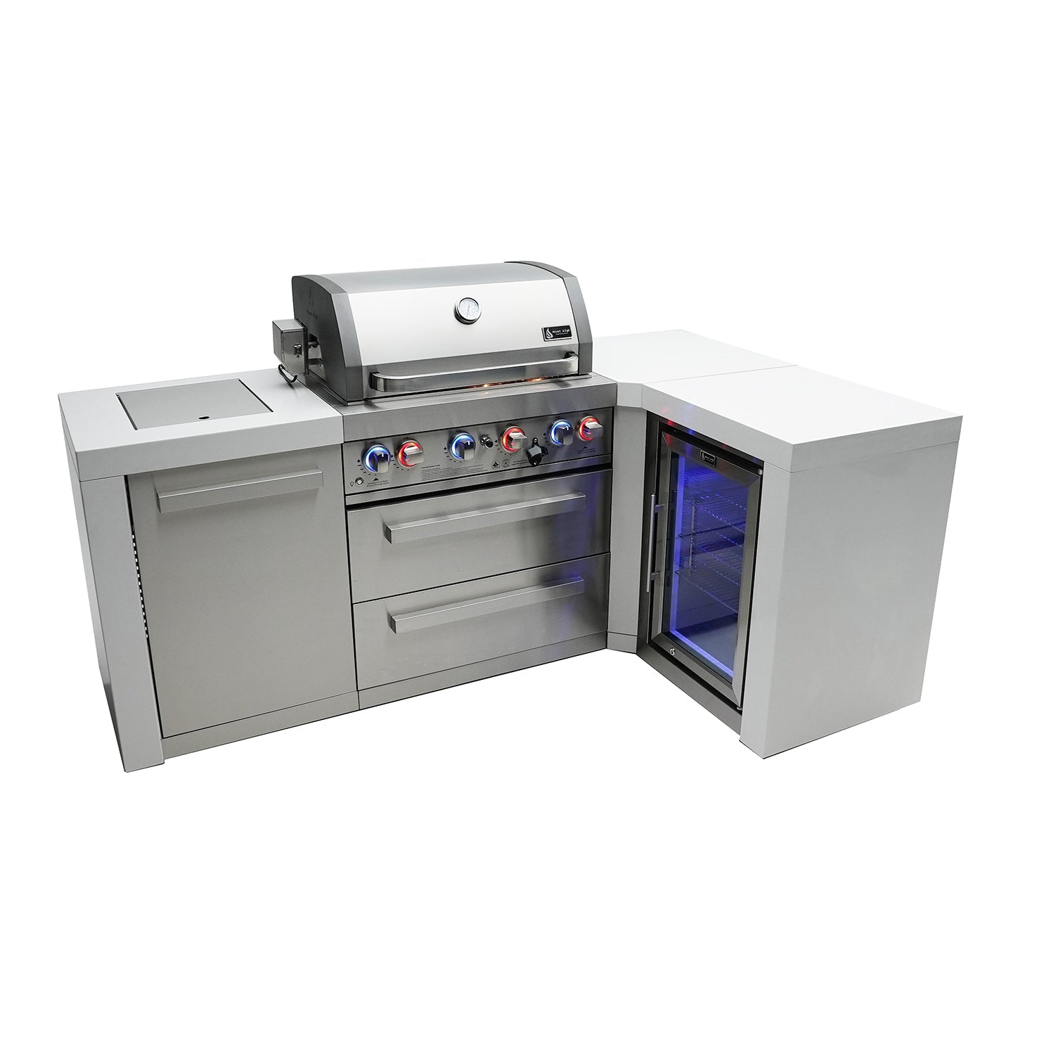 Mont Alpi 400 Deluxe BBQ Grill Island with 90 Degree Corner & Fridge Cabinet - MAi400-D90FC