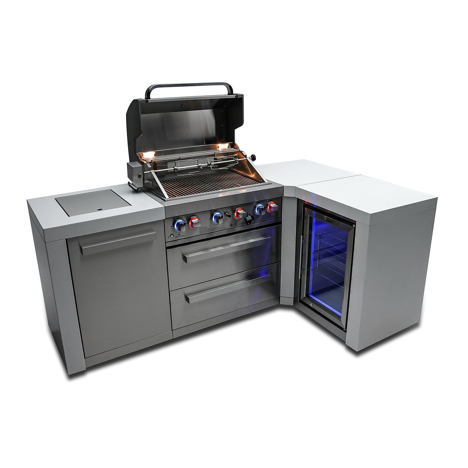 Mont Alpi 400 Deluxe BBQ Grill Island with 90 Degree Corner & Fridge Cabinet - MAi400-D90FC