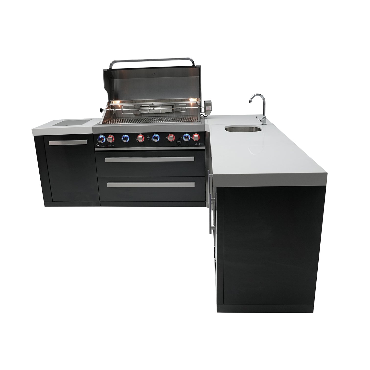 Mont Alpi 805 Black Stainless Steel BBQ Grill Island with 90 Degree Corner, Beverage Center & Fridge Cabinet - MAi805-BSS90BEVFC