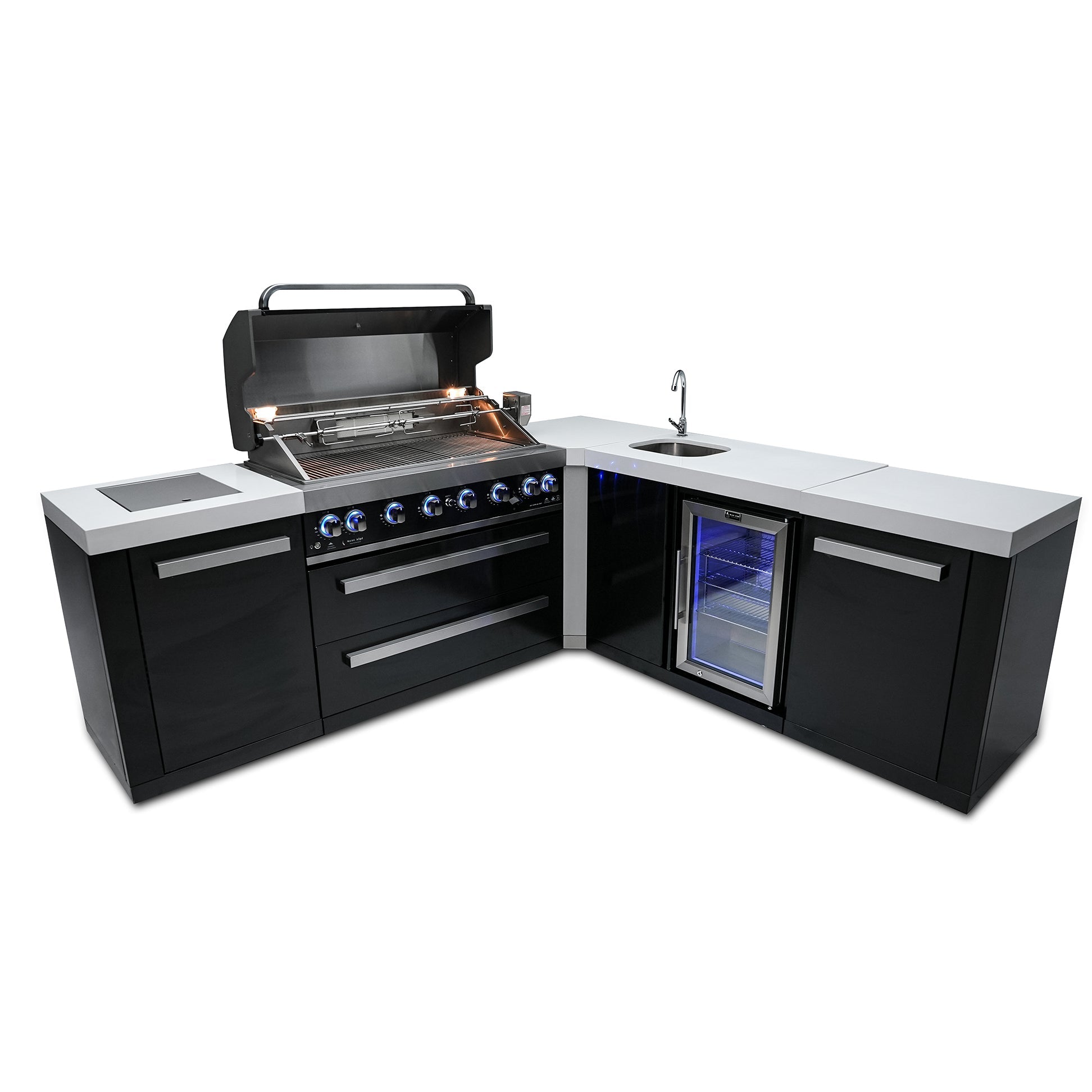 Mont Alpi 805 Black Stainless Steel BBQ Grill Island with 90 Degree Corner & Beverage Center - MAi805-BSS90BEV