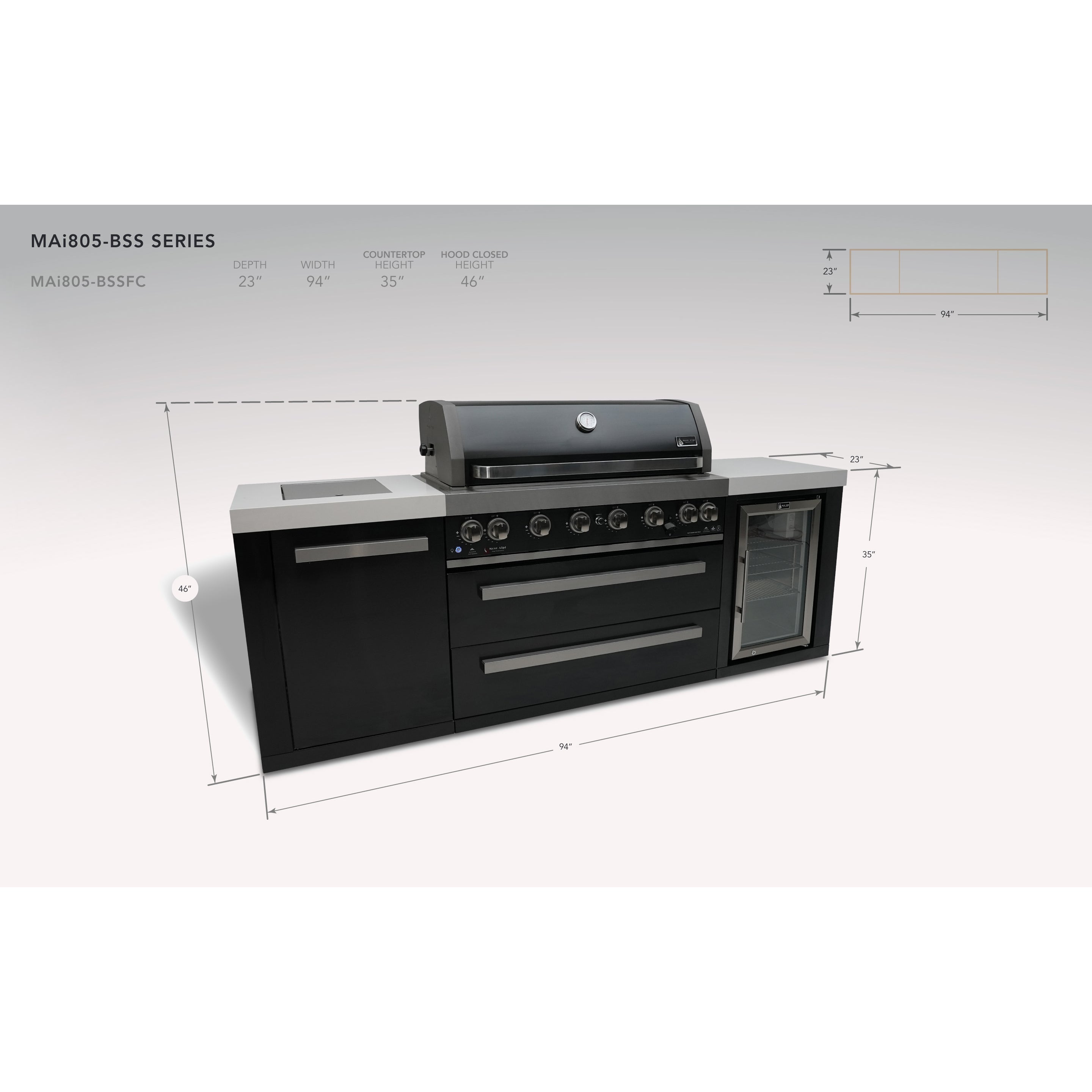 Mont Alpi 805 Black Stainless Steel BBQ Grill Island with Fridge Cabinet - MAi805-BSSFC