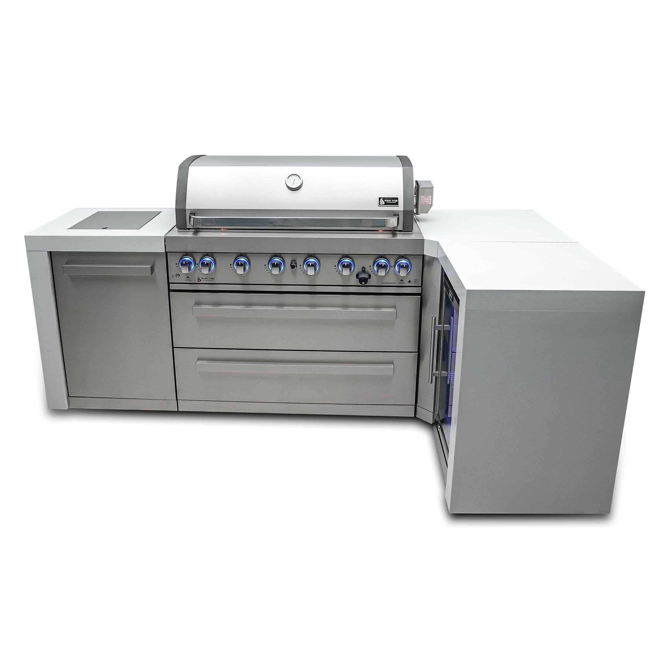 Mont Alpi 805 Deluxe BBQ Grill Island with 90 Degree Corner & Fridge Cabinet - MAi805-D90FC