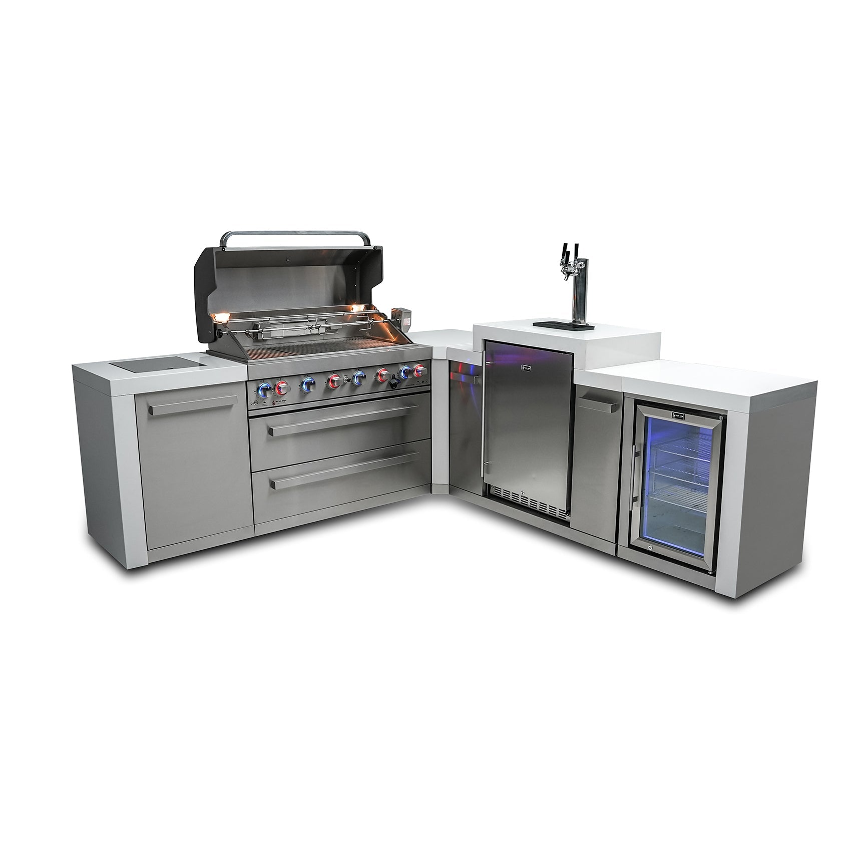 Mont Alpi 805 Deluxe BBQ Grill Island with 90 Degree Corner, Kegerator & Fridge Cabinet - MAi805-D90KEGFC