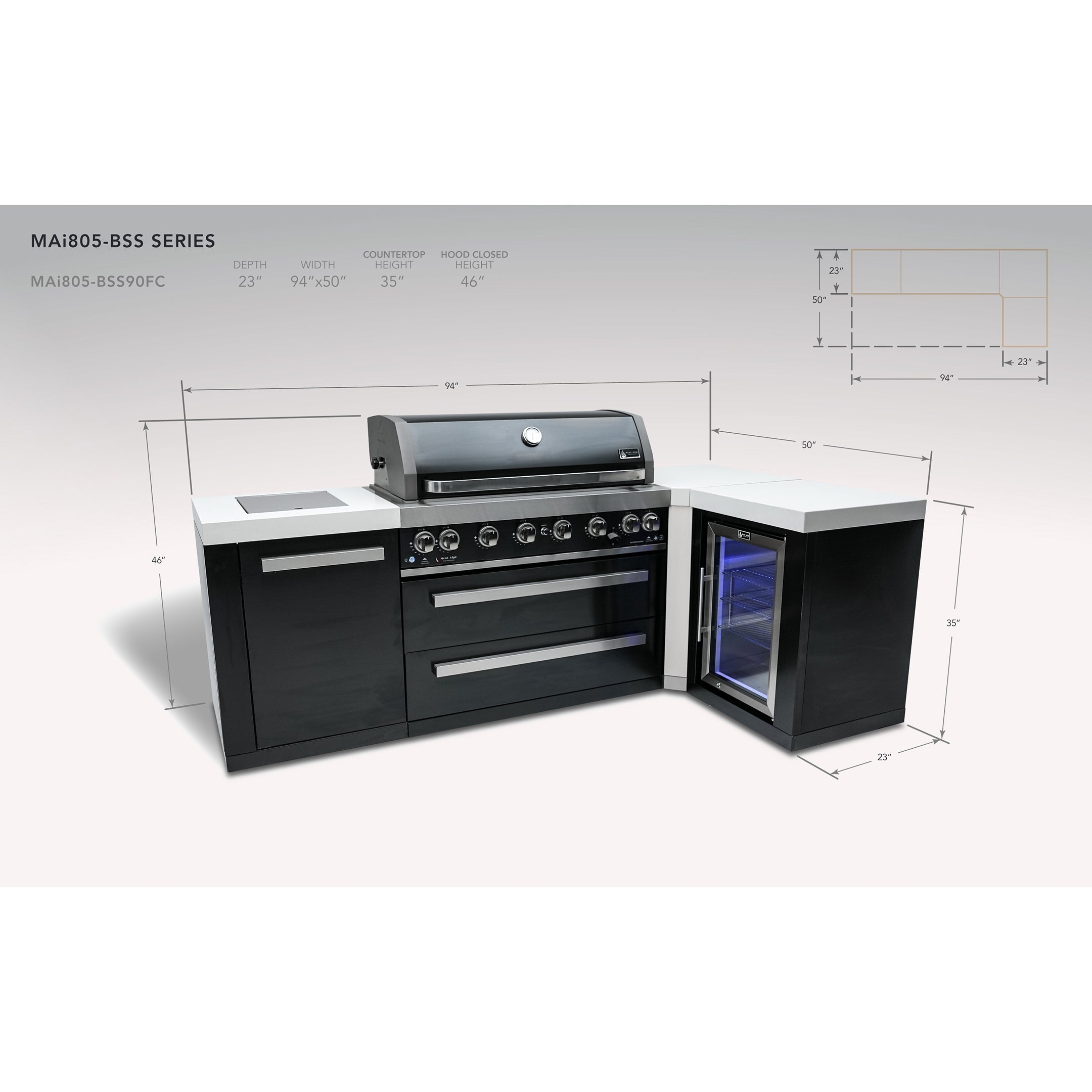 Mont Alpi 805 Black Stainless Steel BBQ Grill Island with 90 Degree Corner & Fridge Cabinet - MAi805-BSS90FC