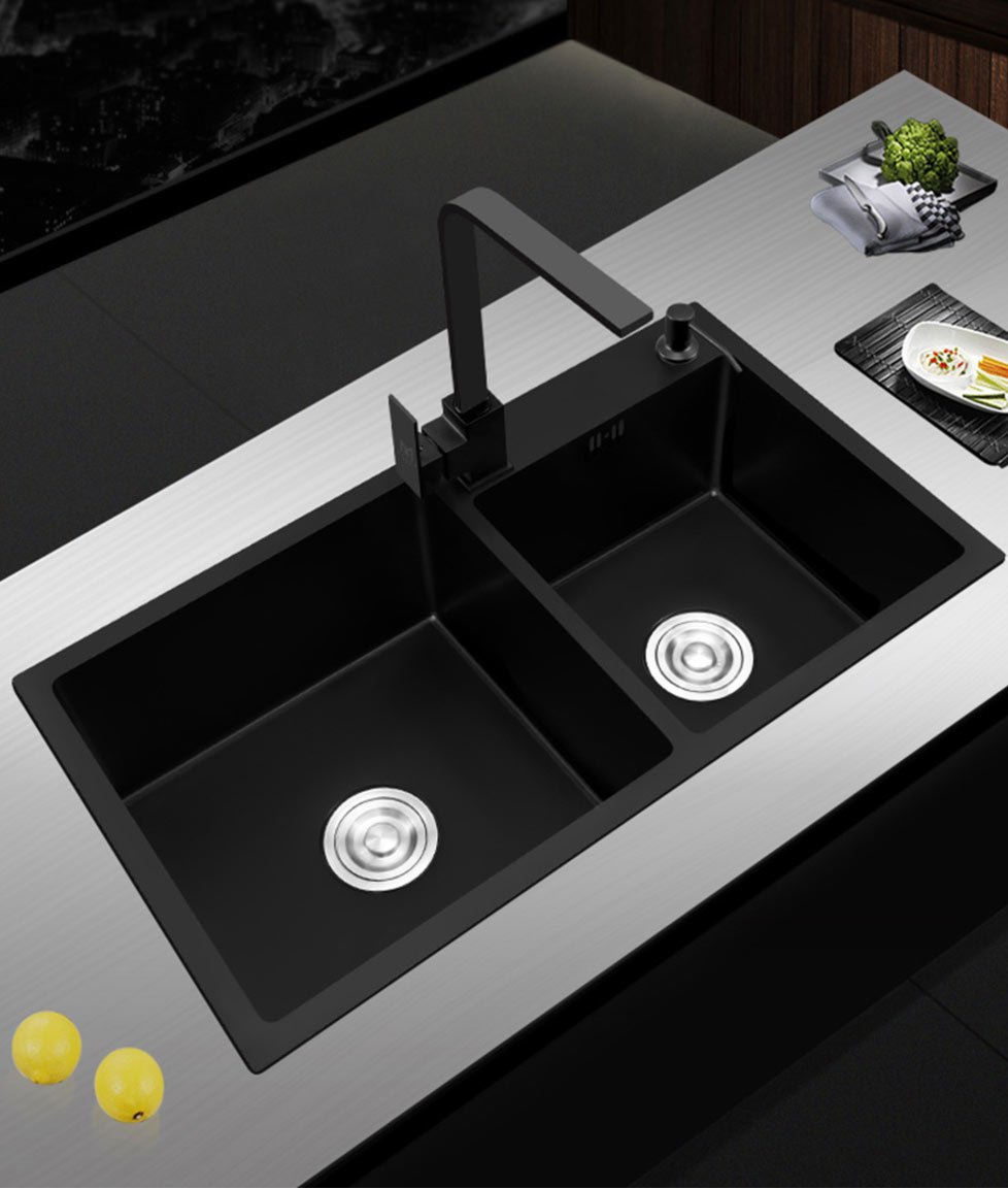 Ari - Black Nano Antibacterial Stainless Steel Double Bowl Kitchen Sink