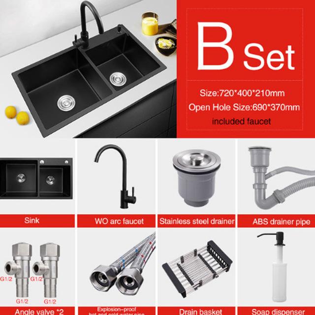 Ari - Black Nano Antibacterial Stainless Steel Double Bowl Kitchen Sink