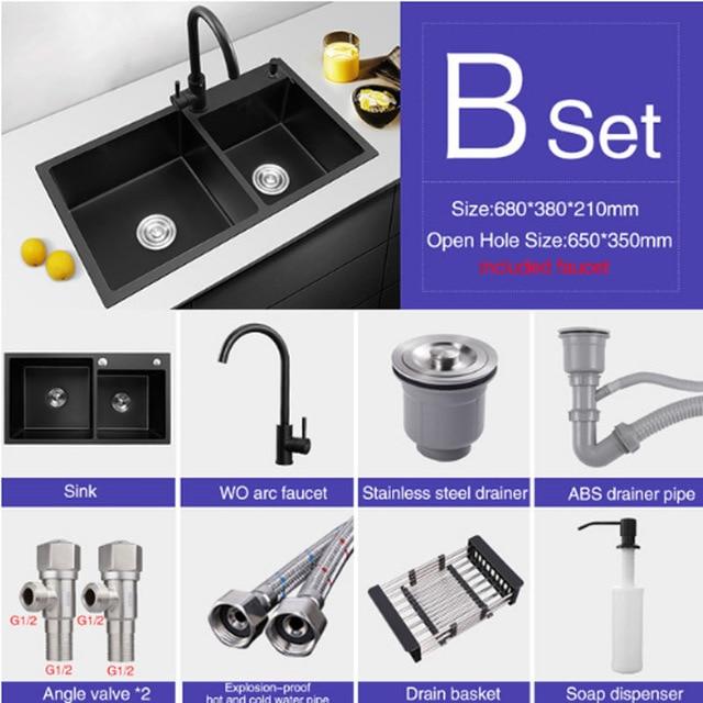 Ari - Black Nano Antibacterial Stainless Steel Double Bowl Kitchen Sink