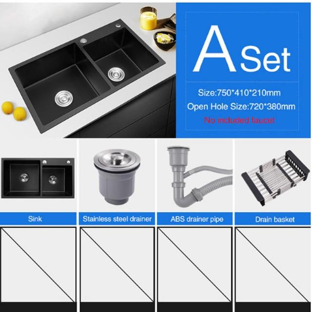 Ari - Black Nano Antibacterial Stainless Steel Double Bowl Kitchen Sink