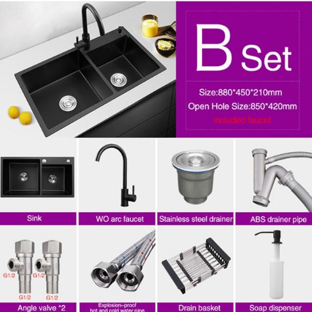 Ari - Black Nano Antibacterial Stainless Steel Double Bowl Kitchen Sink